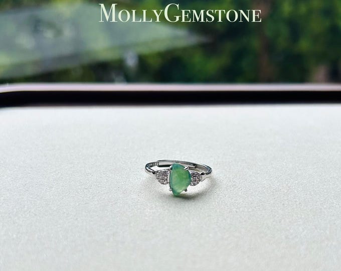 Natural Jadeite Jade with Sterling Silver Ring Jewelry Gift for Her Grade A Burmese Highly Translucent Icy Green Moon Jade Adjustable Ring