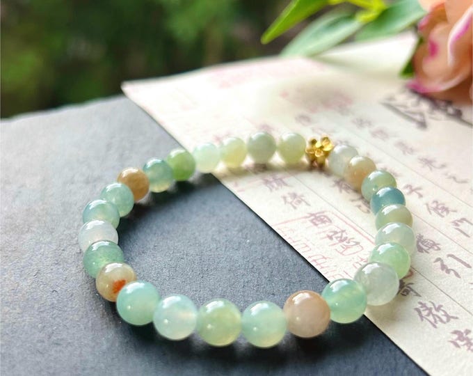 Natural Type A Burmese Jadeite Bracelet – Icy Translucent Autumn Multicolor Beads, 7mm Genuine Untreated Myanmar Jade