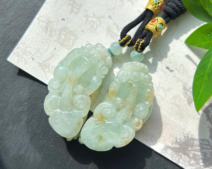Hand-Carved Jadeite PiXiu Pendant Pair Necklace: Natural Burmese Type A Icy Green Red Floral Jade