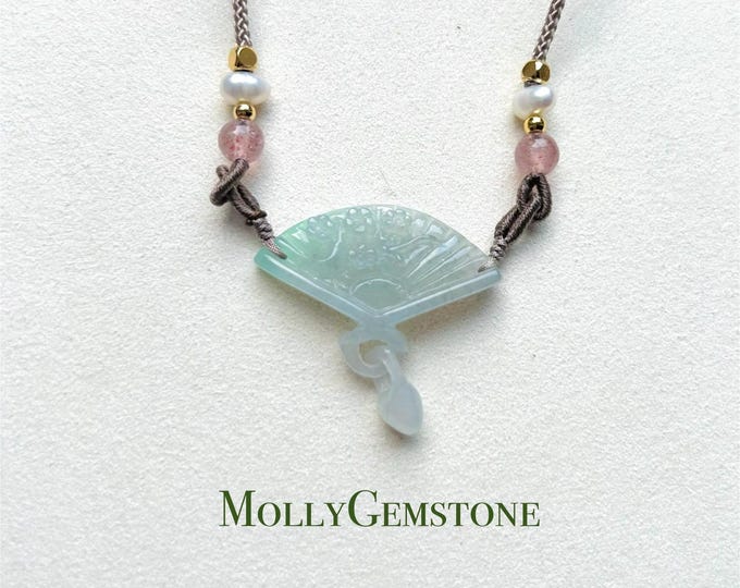 Jadeite Jade Pendant Jewelry Gift Natural Burmese Type A Translucent Icy Green/ Lavender Purple Jade Handcarved Interlocking Rings Fan