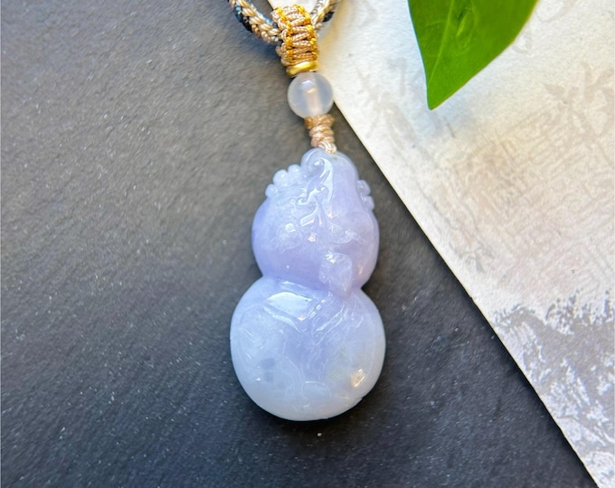 Natural Jadeite HuLu Pendant Jewelry Handwoven Adjustable Necklace Burmese Type A Translucent Icy Lavender Purple Jade