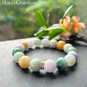 Jadeite Jade BIG Bead Bracelet Handmade Jewelry Gift Natural Burmese Type A Icy Translucent Gelatinous Jadeite MultiColor 12.5mm FeiCui