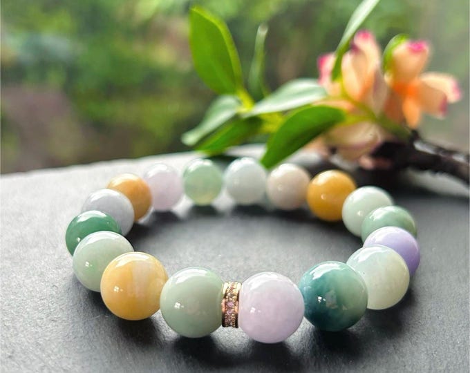 Jadeite Jade BIG Bead Bracelet Handmade Jewelry Gift Natural Burmese Type A Icy Translucent Gelatinous Jadeite MultiColor 12.5mm FeiCui
