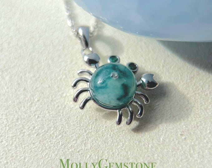 Jadeite Jade Cute Crab Pendant Sterling Silver Necklace Handmade Jewelry Gift for Her Type A Burmese Highly Translucent Icy Blue Floral Jade