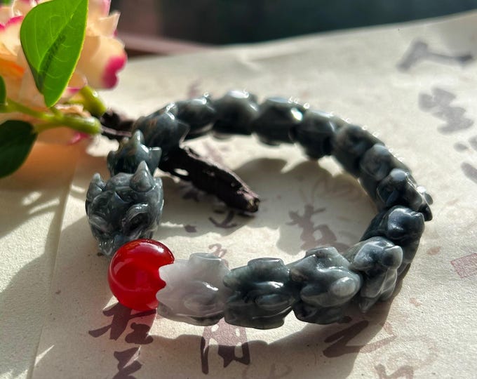 Jadeite Jade Bracelet Jewelry Unisex Gift Natural Burmese Type A Icy Gelatinous Hand-carved Wuji Black Dragon Jade & Red Agate Bracelet