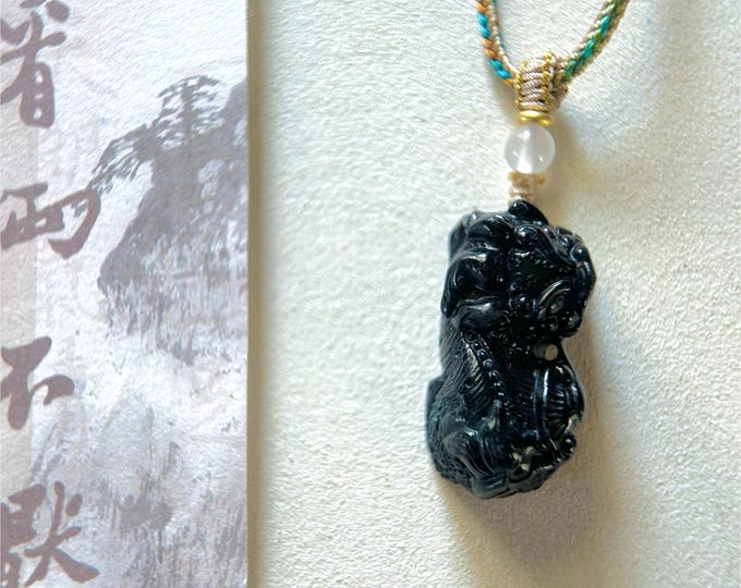 Burmese Black Jadeite Pixiu Pendant Necklace: Hand-Carved Natural Type A Wuji Jade Jewelry