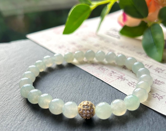 Natural Jadeite Beaded Bracelet Untreated Burmese Type A Icy Highly Translucent Icy Light Green 7mm Jade