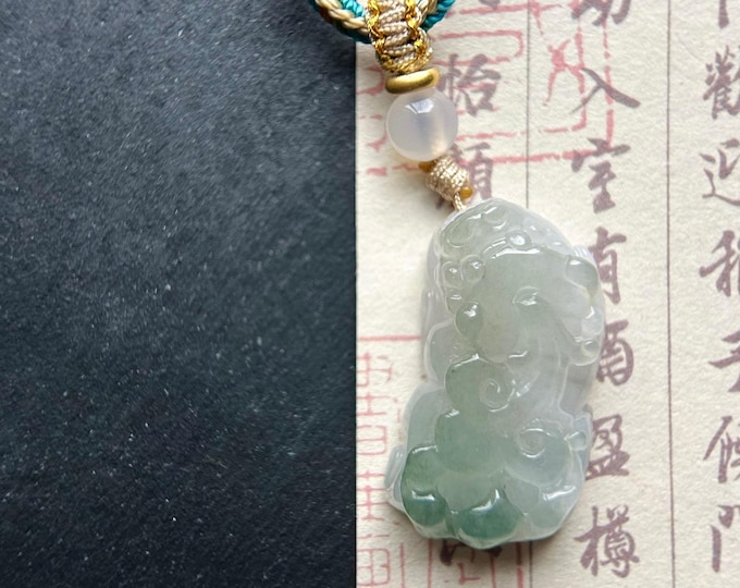 Natural Burmese Jadeite HandCarved Pixiu Pendant Handwoven Necklace Jewelry - Type A Icy Translucent Green & White Jade