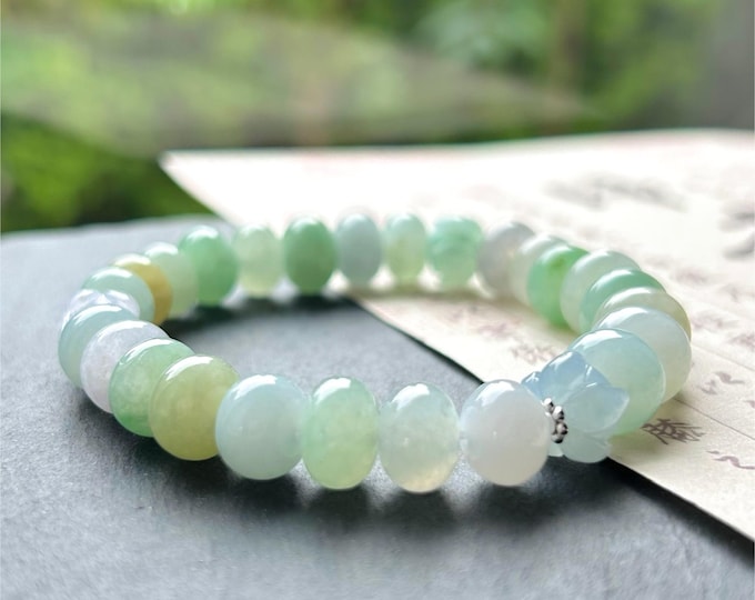 Jadeite Jade Beaded Bracelet Jewelry Gift for Her Natural Burmese Type A Icy Highly Translucent Jade Multicolor Drum Bead Handmade 9-10mm