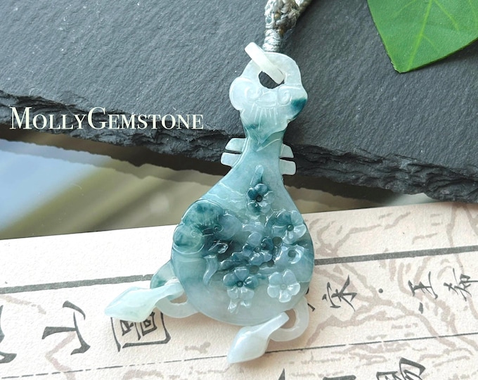 Natural Jade Pipa Pendant Handwoven Necklace Burmese Type A Translucent Icy Blue Floral Jadeite Hand-Carved