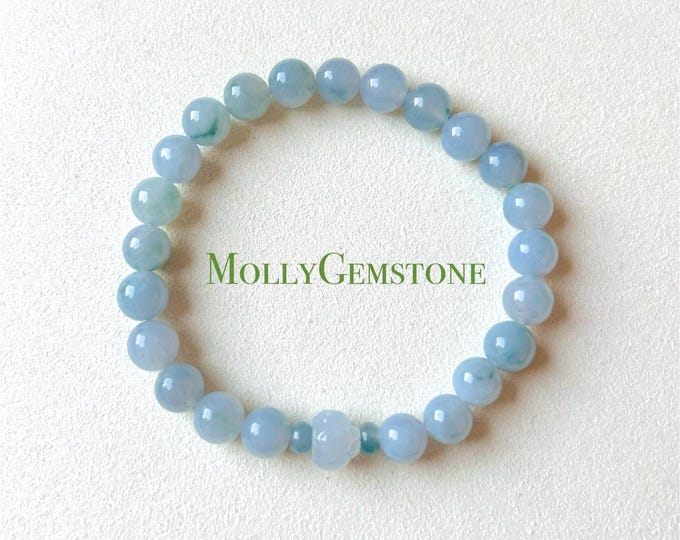 Jadeite Jade Beaded Bracelet Jewelry Authentic Untreated Icy Highly Translucent Type A Burmese Lavender Purple Blue Floral 7.5mm Jade Gift