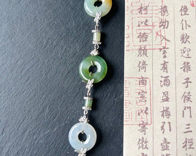Burmese Jadeite Lucky Donut Bracelet: Sterling Silver, Natural Type A Icy Translucent Multicolor Myanmar Jade