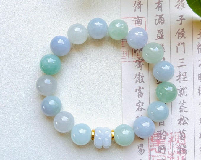 Jadeite Jade Beaded Bracelet Jewelry Gift for Her  Natural Burmese Type A Icy Translucent Multicolored Rainbow 11.5mm BIG Beads Jade