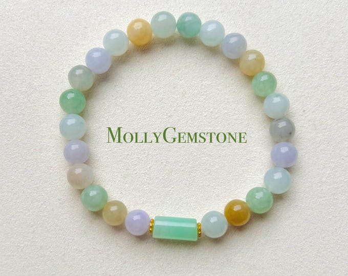 Jadeite Jade Beaded Bracelet Jewelry Natural Burmese Type A Icy Translucent Jadeite Multi-color Rainbow Feicui 7mm Handmade Gift
