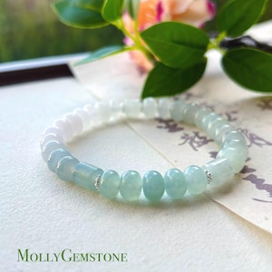 Pulseira de contas de jade jadeíta, joia presente para ela, birmanesa natural, tipo A, altamente translúcida, azul gelo e branco, cor degradê, 8 mm de jade
