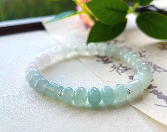 Jadeite Jade Beaded Bracelet Jewelry Gift for Her Natural Burmese Type A Highly Translucent Icy Blue & White Gradient Color 8mm Jade