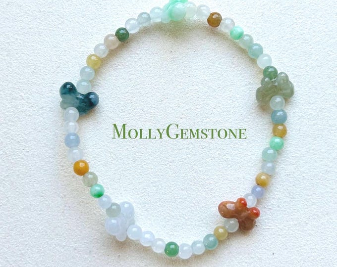 Jadeite Bracelet Jade Jewelry Gift for Her Minimalist Natural Burmese Type A Icy Multi-color Rainbow & Bowknot Highly Translucent 3.5mm Jade