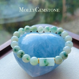 Jadeite Jade Beaded Bracelet Jewelry Untreated Genuine Type A Burmese Icy Translucent Green Flora 8mm FeiCui New Year Gift for Her
