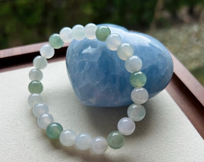 Certified Jadeite Jade Beaded Bracelet Jewelry Gift Authentic  Untreated Highly Translucent Type A Burmese Icy Green and White 8.2mm FeiCui