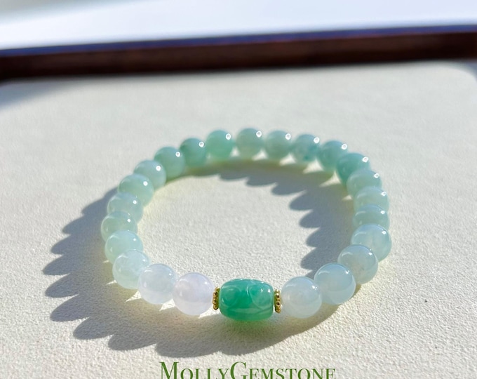 Natural Jadeite Beaded Bracelet Untreated Burmese Type A Icy Translucent Apple Green 7mm Jade Emerald Sunny Green Focal