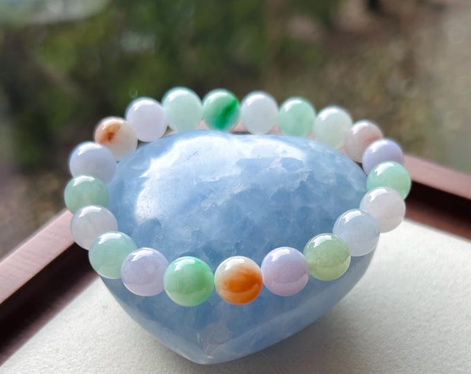 Jadeite Jade Beaded Bracelet Jewelry Authentic Burmese Type A Icy Translucent Jadeite MultiColor Fei-Cui 8.8mm Handmade X-mas Gift for Her