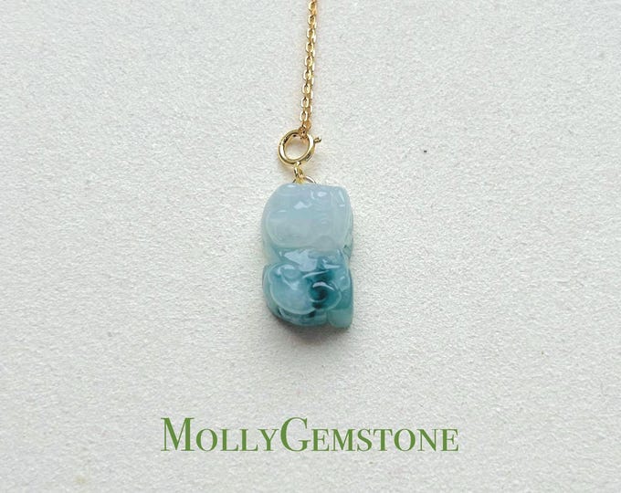 Jadeite Jade Cute PiXiu Pendant Handcrafted Jewelry Gift for Her Grade A Burmese Translucent Icy Floral Blue Jade Sterling Silver Necklace