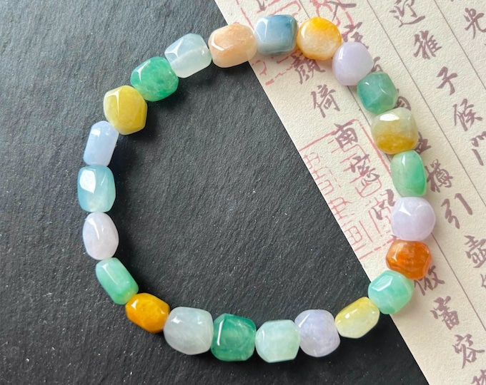 Jadeite Jade Beaded Bracelet Handmade Jewelry Gift for Her Natural Untreated Burmese Icy Translucent Type A Multicolor Rainbow Jade 8mm