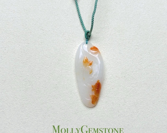 Jadeite Jade Fish and Lotus Pendant Jewelry Natural Untreated Unheated Burmese Type A Translucent Icy White & Red Floral Jade Gift for Her