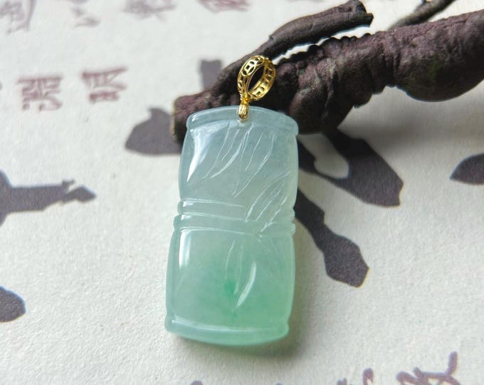 Natural Jadeite Bamboo Pendant 18k Solid Gold Bail Burmese Type A Highly Translucent Icy Green Jade