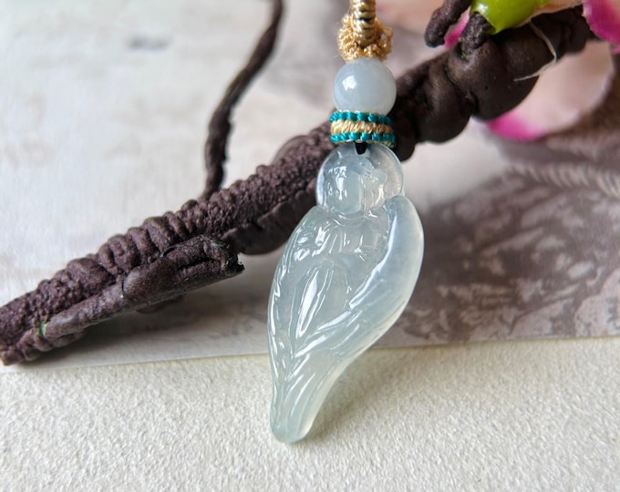 Jadeite Jade Pendant Handwoven Necklace Jewelry Gift Natural Burmese Untreated Type A Icy High Translucent White Dainty Jade Angel