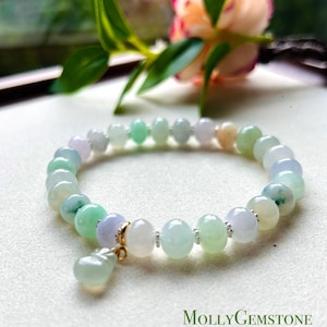 Jadeite Jade Beaded Bracelet Jewelry Gift for Her Natural Burmese Type A Icy Highly Translucent Jade Multicolor Drum Bead Handmade 8-9mm