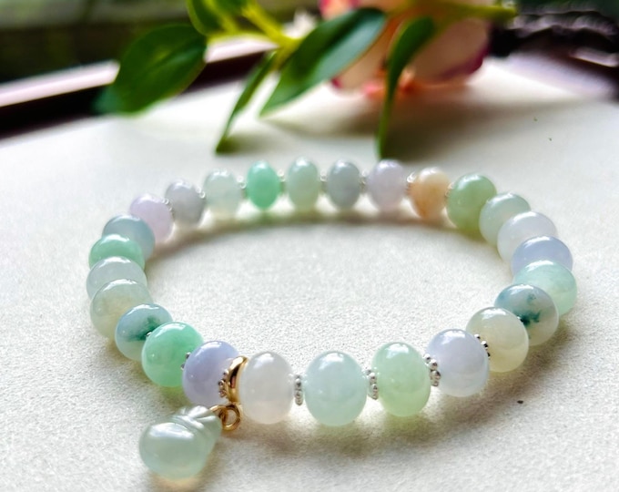 Jadeite Jade Beaded Bracelet Jewelry Gift for Her Natural Burmese Type A Icy Highly Translucent Jade Multicolor Drum Bead Handmade 8-9mm