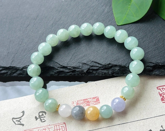 Natural Jadeite Beaded Bracelet Burmese Type A Translucent Icy Apple Green & Multicolor Focal Jade 8mm