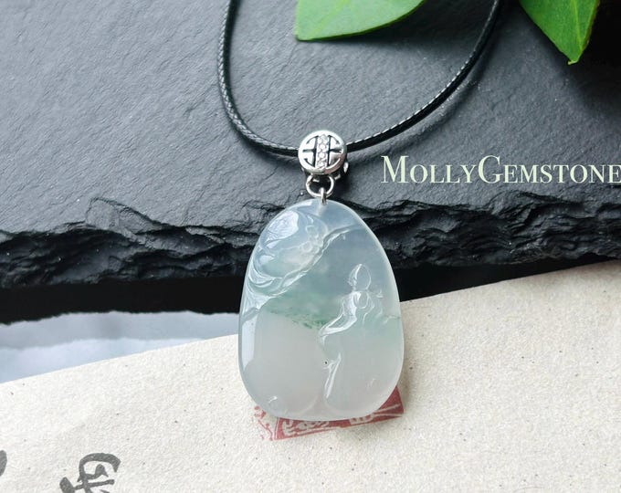 Certified Natural Jade Lotus & Enlightenment Pendant | Burmese Type A Highly Translucent Icy White Green Floral Jadeite, 925 Sterling Silver