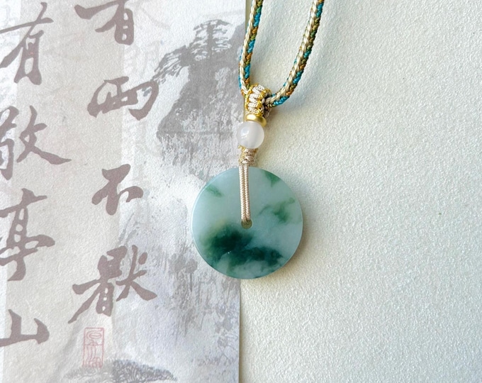 Jadeite Jade Lucky Donut Pendant Handwowen Necklace Jewelry Gift for Her Natural Burmese Untreated Type A Icy Gelatinous Green Floral Jade