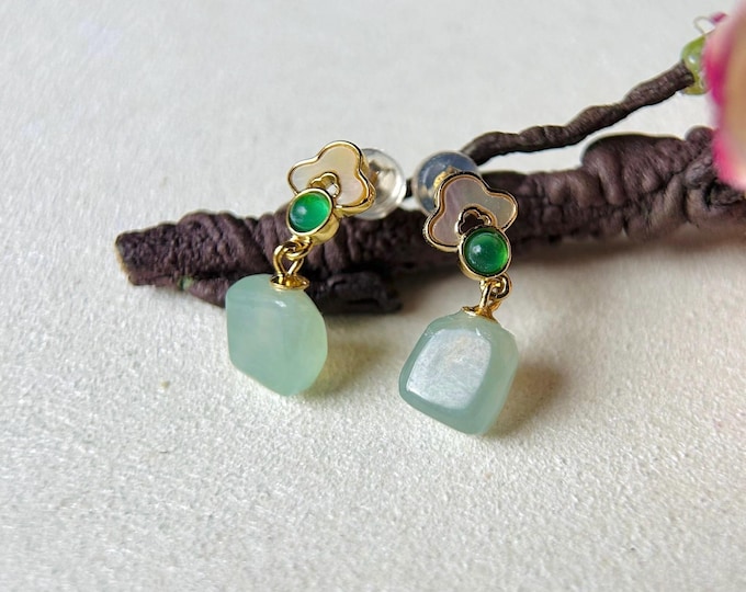 Jadeite Jade Ice Cube Beaded Earrings Handmade Jewelry Gift for Her Natural Burma Type A Highly Translucent Jade Sterling Silver Lucky RuYi