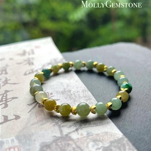Jadeit Jade Perlen Armband Schmuck Geschenk für sie natürliche birmanische Typ A hochtransparente eisige grüne Tee-gelbe und blaue mehrfarbige Jade 7 mm