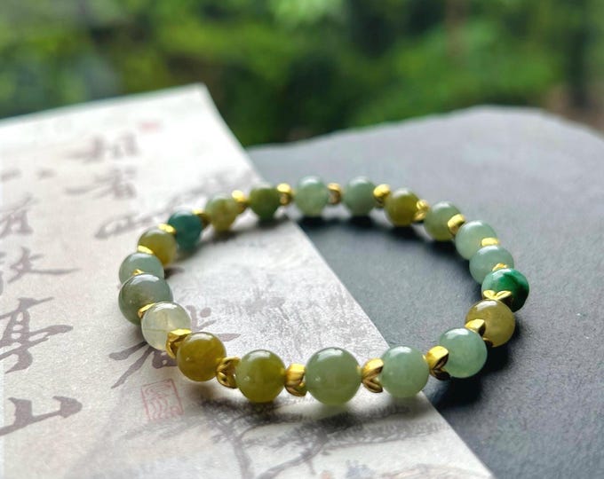 Jadeite Jade Beaded Bracelet Jewelry Gift for Her Natural Burmese Type A Highly Translucent Icy Green Tea Yellow & Blue MultiColor Jade 7mm
