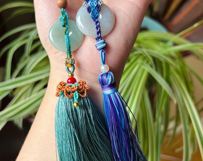 Natural Jadeite Handwoven Purse/Car Charm Burmese Type A Icy Green or White Jade Protection Amulet