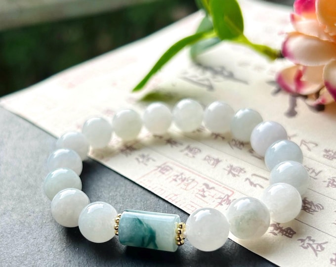 Natural Jadeite Beaded Bracelet Jewelry Burmese Type-A Icy White & Blue Floral 10mm Jade Christmas Gift