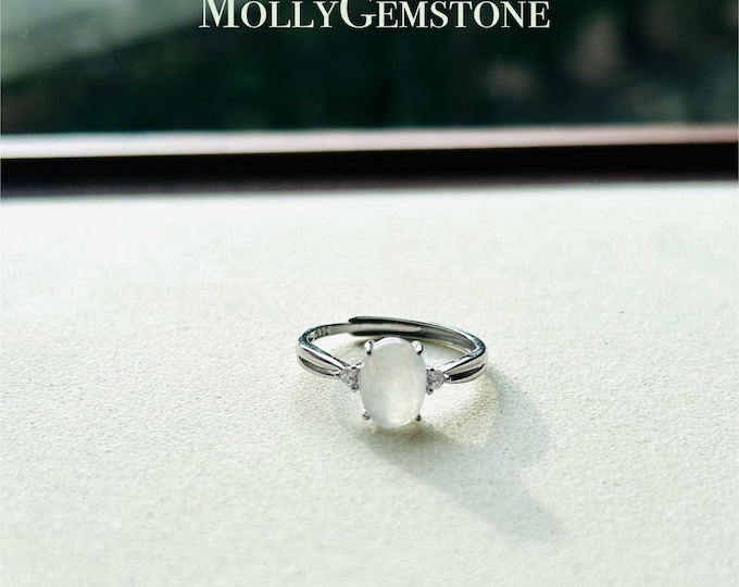 Natural Jadeite Jade Silver Ring Jewelry Gift for Her Grade A Burmese Untreated Translucent Icy White FeiCui Adjustable Sterling Silver Ring