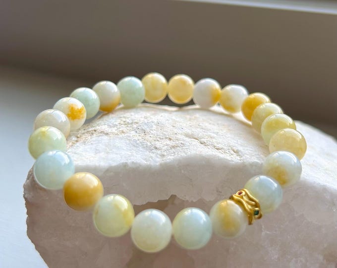Yellow Jadeite Jade Bracelet Jewelry Gift for Her Genuine Type A Icy Translucent Yellow Jadeite 8mm FeiCui Lucky Bracelet Handmade in Canada