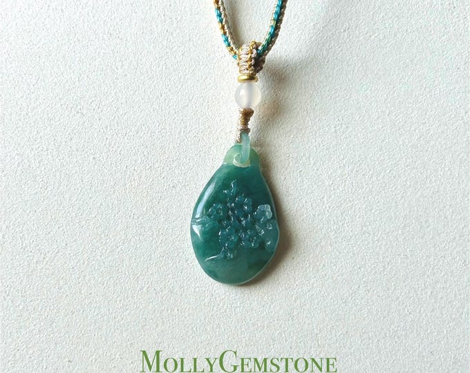 Jadeite Jade Pendant Jewelry Natural Burmese Type A Translucent Icy Green Jade Hand-carved Flower Pendant Handwoven Necklace Gift for Her
