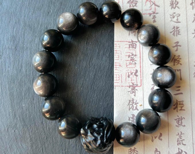 Natural Silver Obsidian & Lion Charm Beaded Bracelet Jewelry Gift for He Handmade Healing Crystal Jewelry Spiritual Jewelry