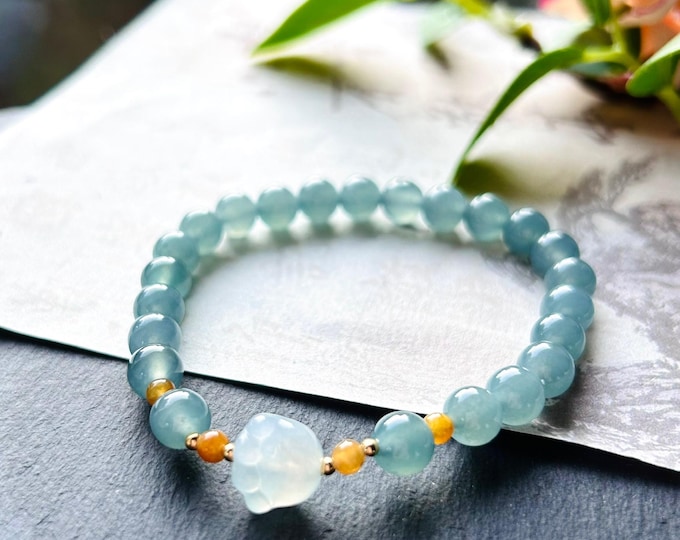 Jadeite Beaded Bracelet Handmade Jewelry Gift for Her Natural Untreated Guatemalan Type A Highly Translucent Icy Blue 7mm Jade