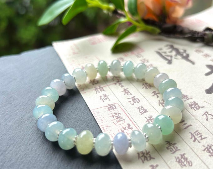 Natural Jadeite Beaded Bracelet Handmade Jewelry Burmese Type A Highly Translucent Icy Pastel Multicolor Jade 8.5-9mm