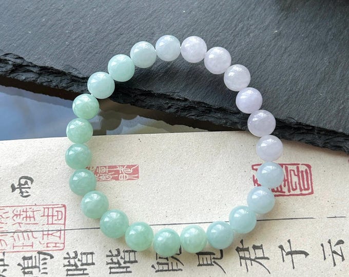 Natural Jadeite Beaded Bracelet Burmese Type A Translucent Icy Apple Green, Lavender & Blue Gradient Color Jade 7.8mm