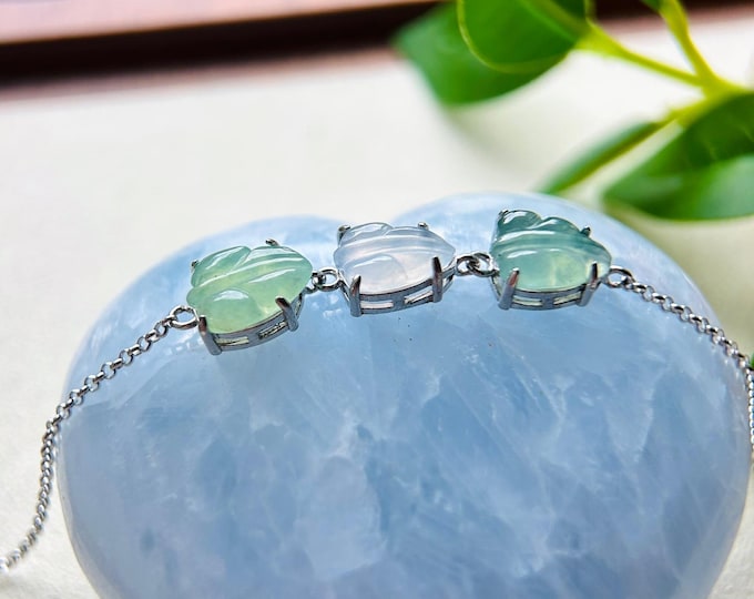 Jadeite Jade Leaves Bracelet Jewelry Gift for Her Natural Burmese Type A Highly Translucent Icy Multicolor Jadeite & Sterling Silver
