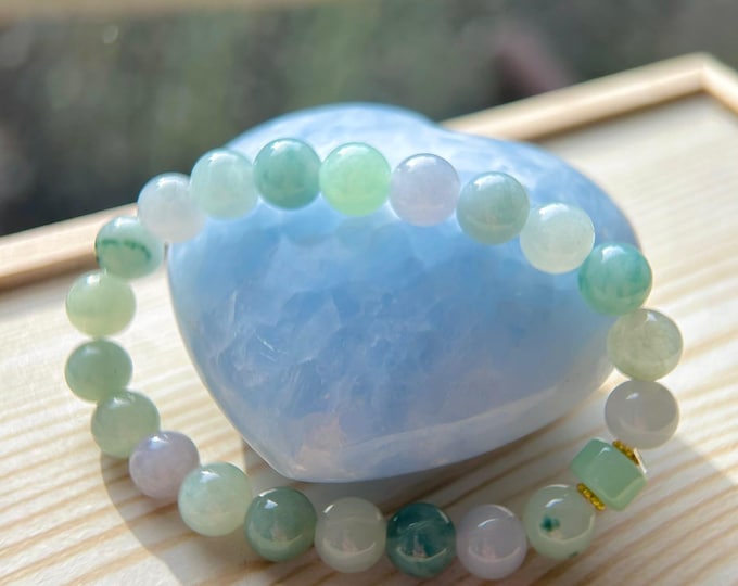 Jadeite Jade Beaded Bracelet Jewelry Gift for Her Natural Burmese Grade A Icy Highly Translucent Multi-color Jadeite 8.4mm Spring Color