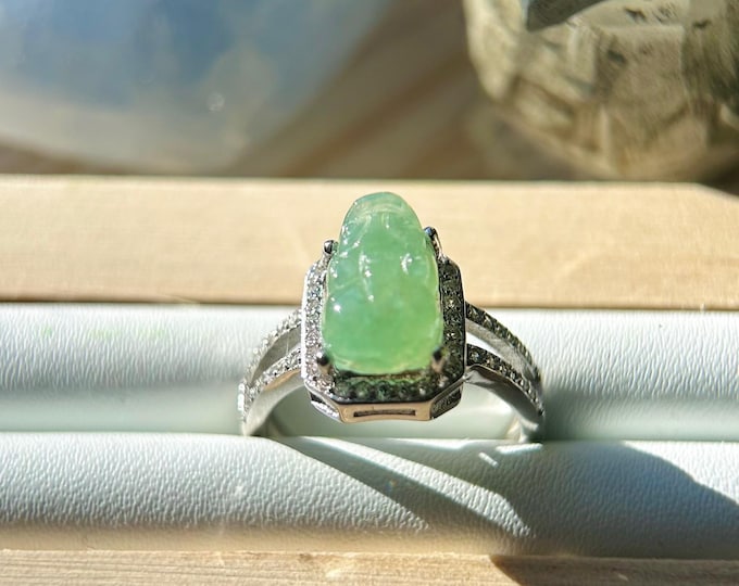 Natural Jadeite Jade PiXiu Ring Jewelry Gift for Her  Burmese Type A High Translucency Icy Green Jadeite Adjustable Sterling Silver Ring